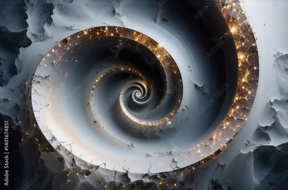 Poster abstract swirling spiral design in grey and white, accented with golden lights. creates a dimensiona