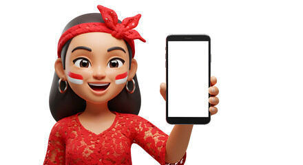 Animated character celebrates national day with phone, adorned in traditional colors and facial paint, symbolizing unity and modernity