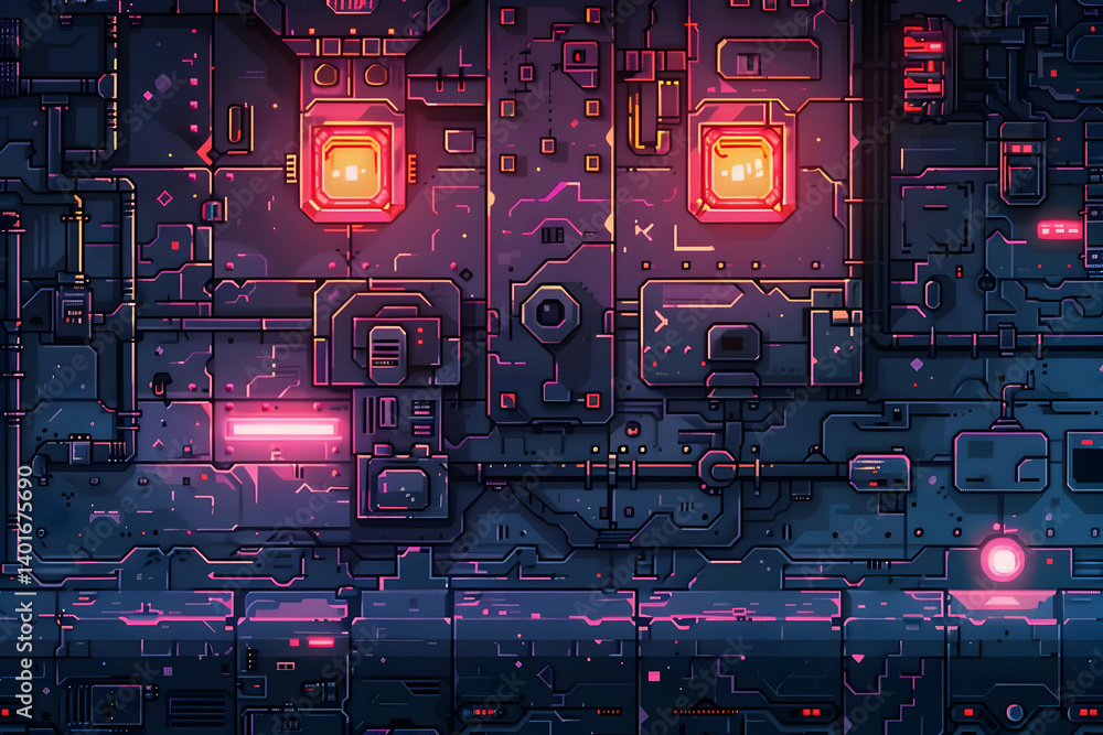 Poster detailed circuit board texture in dark blue and red with electronic components and intricate design 