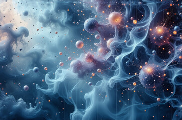 Obraz premium Ethereal abstract cosmic scene featuring blue nebula clouds and glowing spheres, with floating light particles in dark space, creating a dreamy, celestial atmosphere.