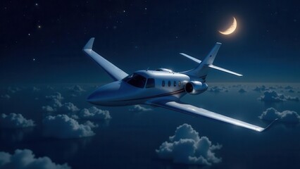 Luxury Private Jet Soaring Through Night Sky Above a Sea of Clouds Under a Crescent Moon