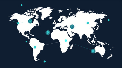 Fototapeta premium Global Connectivity A world map outline with dots nodes p on various continents connected by lines to show global participation in blockchain technology.