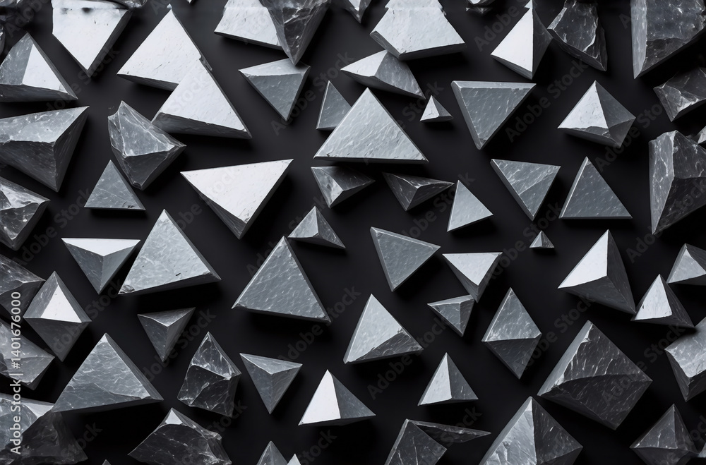 Poster abstract composition of sharp, dark, geometric shapes resembling pyramids and triangles scattered on