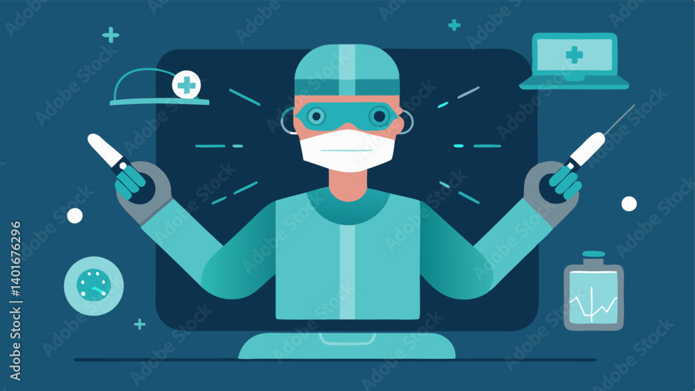 Poster team collaboration a team of surgeons in scrubs gathered around a virtual operating table projected 