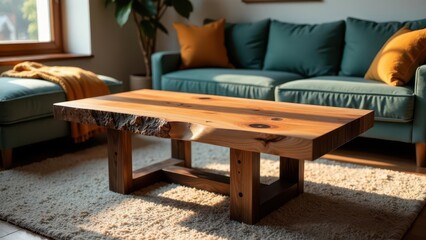 Rustic Live Edge Coffee Table in a Modern Living Room Setting with Soft Textures and Warm Lighting