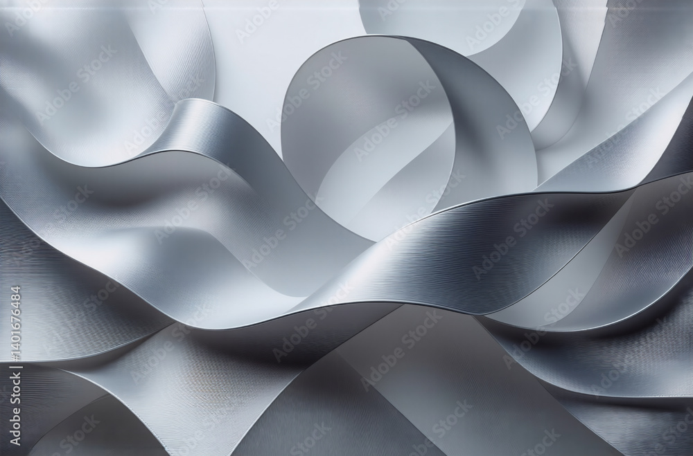 Poster abstract silver ribbons flow and curve, creating a sense of movement and depth. soft light and shado
