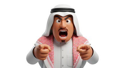 Cartoon angry arab man shouting with pointing hands illustration on plain white background design for advertisement