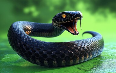 Obraz premium Hyper-Realistic Black Snake with Open Mouth on Vibrant Green Background Dramatic Lighting and Golden Ratio Composition