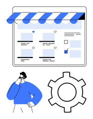 Man contemplating under online storefront with products, selection icons, and cogwheel. Ideal for e-commerce, decision-making, shopping, customization, organization strategy innovation. Flat simple