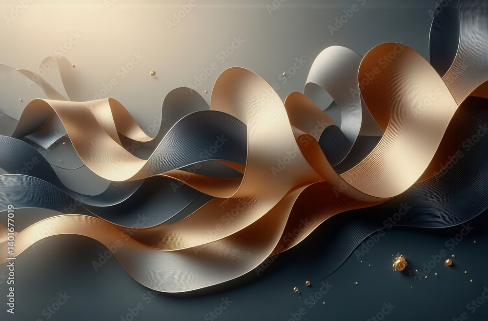 Poster elegant flowing ribbons of gold and silver create an abstract, decorative design on a dark backdrop 