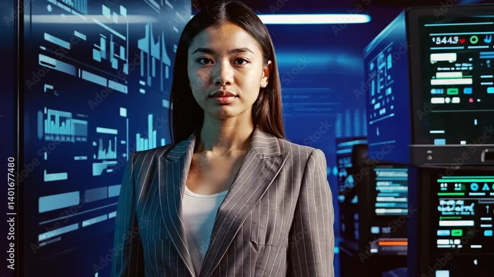 Poster confident young businesswoman in a suit posing in a futuristic office with multiple computer monitor