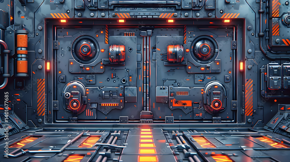 Poster detailed metallic gate with intricate structures and geometric patterns with orange highlights on gr