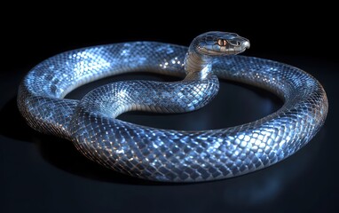 Obraz premium Hyper-realistic Metallic Snake Coiled in Studio Lighting Dark Background