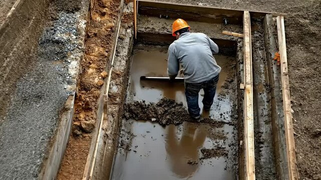 Construction Worker in Orange Helmet Works on Trench in Muddy Ground with Water and Tools Outdoors