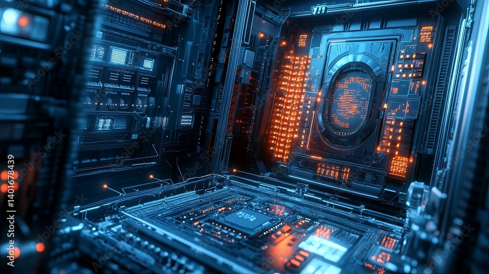 Aufkleber a detailed futuristic computer system with glowing components.