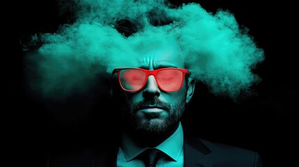 Fototapeta premium Stylish Man in Red Glasses Surrounded by Green Smoke Against Black Background