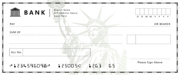 Minimalist bank check design with central Statue of Liberty grayscale line art. White/gray tones, formal fields for payee, amount, and memo.