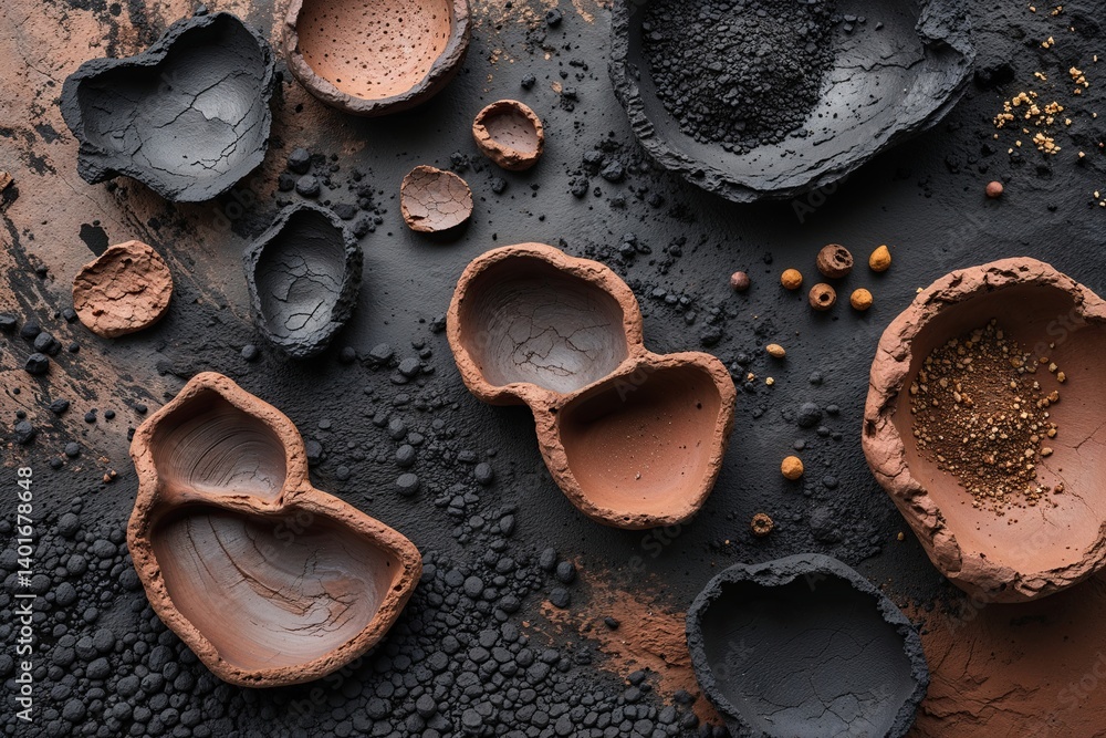 Poster carbonaceous clay surface with distinctive design and natural rustic earthy backdrop