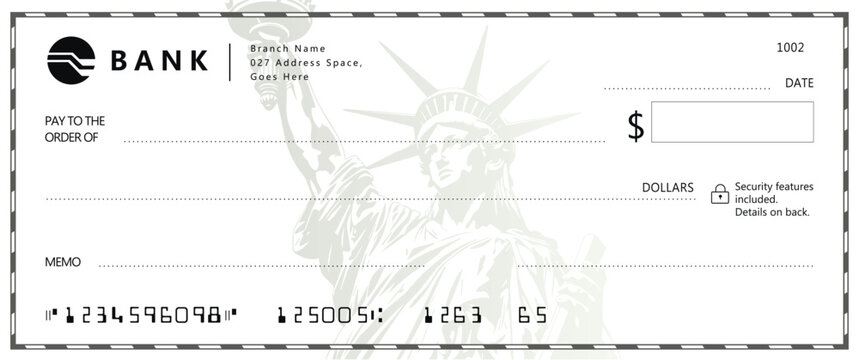 Minimalist bank check design with central Statue of Liberty grayscale line art. White/gray tones, formal fields for payee, amount, and memo.