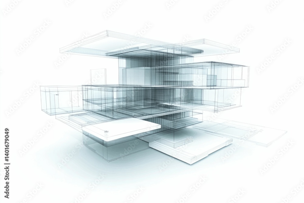 Poster conceptual building design with overlapping layers and transparent aesthetics