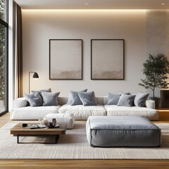 Modern Minimalist Living Room Mockup Scandinavian Style 3D Render Interior Design Soft Textures Cozy Atmosphere