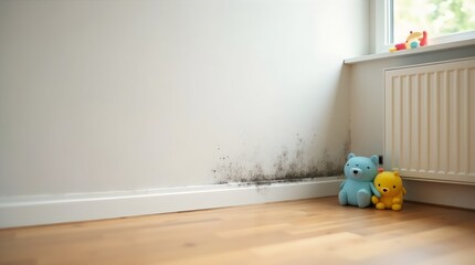 Mold growth on wall in kids’ room, near toys and bed