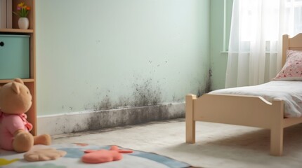 Mold growth on wall in kids’ room, near toys and bed