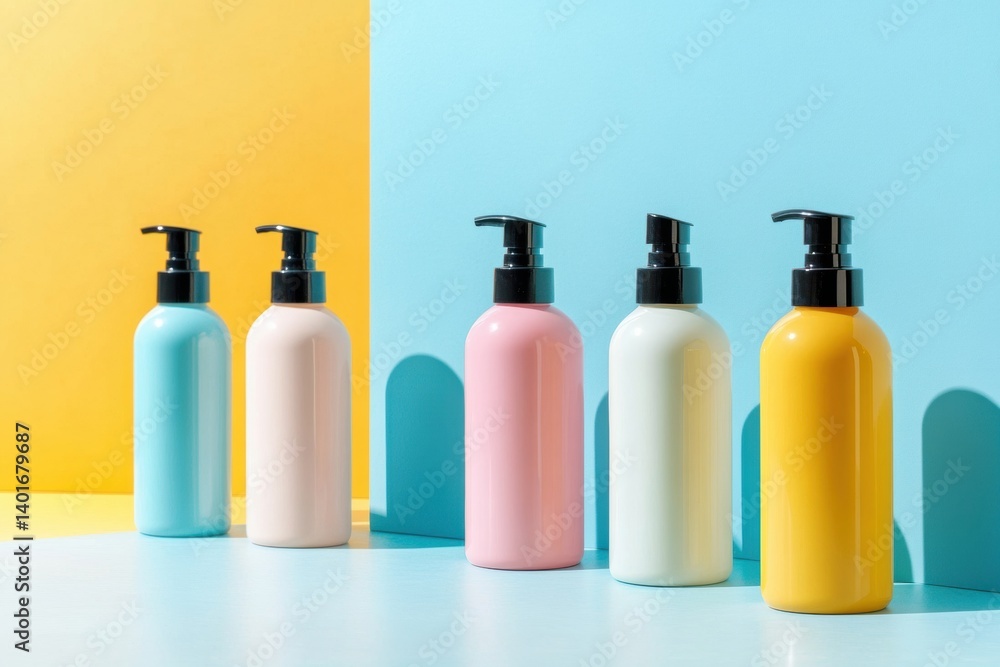 Aufkleber pet shampoo bottles arranged on a bright backdrop with modern packaging and clean labels for brandin
