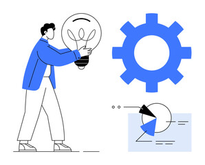 Man carrying glowing lightbulb with large gear and pie chart elements, symbolizing teamwork, creative thinking, problem-solving, data analysis, strategic planning, workflow optimization, flat simple
