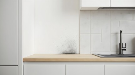 Kitchen wall with moldy tile seams, common result of humidity and poor ventilation.