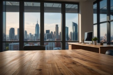 Fototapeta premium Office table with wooden surface mockup for showcasing product or logo