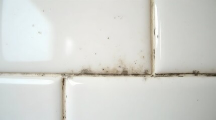 Black mold in grout between white ceramic wall tiles in a kitchen.

