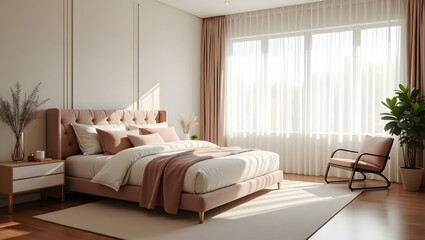 Obraz premium Serene Pink Bedroom Interior Design Luxurious Comfort and Tranquil Ambiance