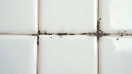 Black mold in grout between white ceramic wall tiles in a kitchen.


