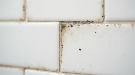 Black mold in grout between white ceramic wall tiles in a kitchen.

