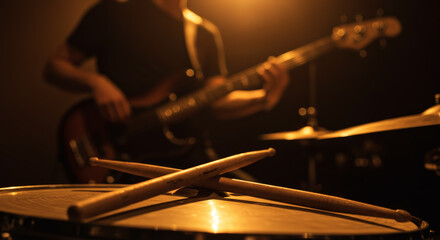 Drumsticks resting on snare drum with bassist in background atmospheric stage lighting live music performance concept