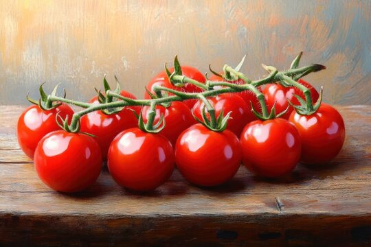 Cherry Tomatoes on the Vine Wooden Surface Still Life