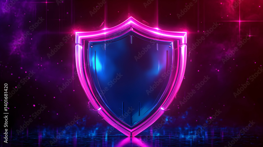 Poster digital shield with neon pink outline on a dark background with glowing particle effects and reflect