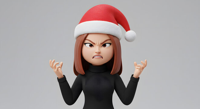 Frustrated 3D Cartoon Woman in Santa Hat Expressing Displeasure with Scowling Face and Raised Hands on Neutral Background