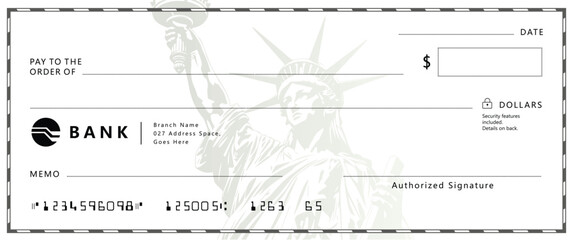 Bank check, vector blank money cheque, checkbook template with guilloche pattern and fields. Currency payment coupon, money check background