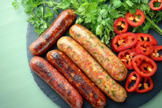 Hyper-Realistic Still Life of Assorted Sausages and Red Peppers on Pastel Background