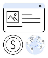 Browser window with profile details, currency icon, and a globe connecting locations showing networks. Ideal for e-commerce, finance, globalization, digital trade, technology, remote access