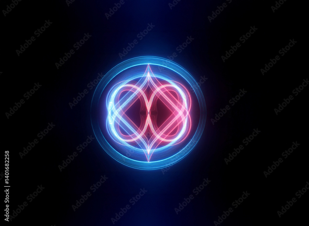 Poster abstract digital art featuring a glowing symmetrical design of blue and pink lines within a circular