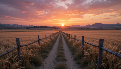 Stunning Sunset Over Wheat Field Path with Wooden Fences