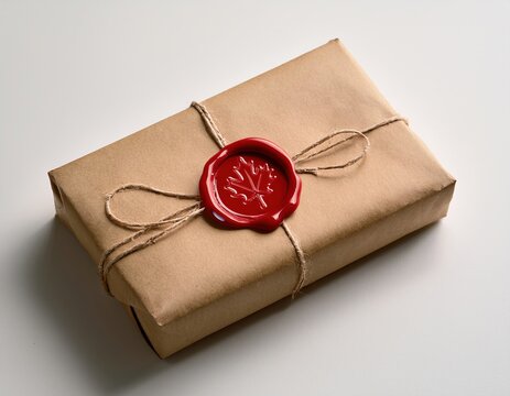 Vintage package with red wax seal on twine-tied brown paper
