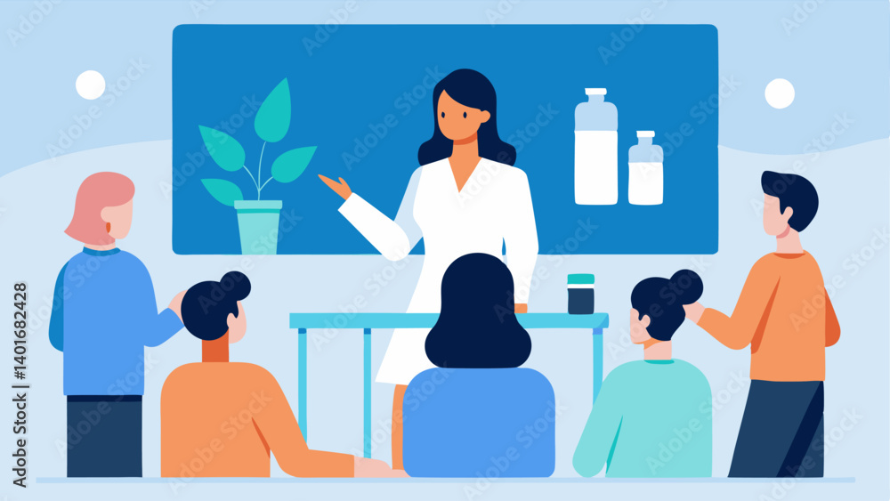 Poster community workshop a scene depicting a small group of people attending a workshop on skincare with a