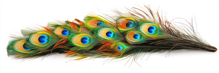 Peacock displays vibrant, colorful tail feathers in a stunning fan shape against a clean white background