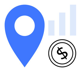 Blue location marker, dollar symbol, and bar graph signifying business growth, financial success, and market analysis. Ideal for finance, strategy, marketing, location-based services analytics