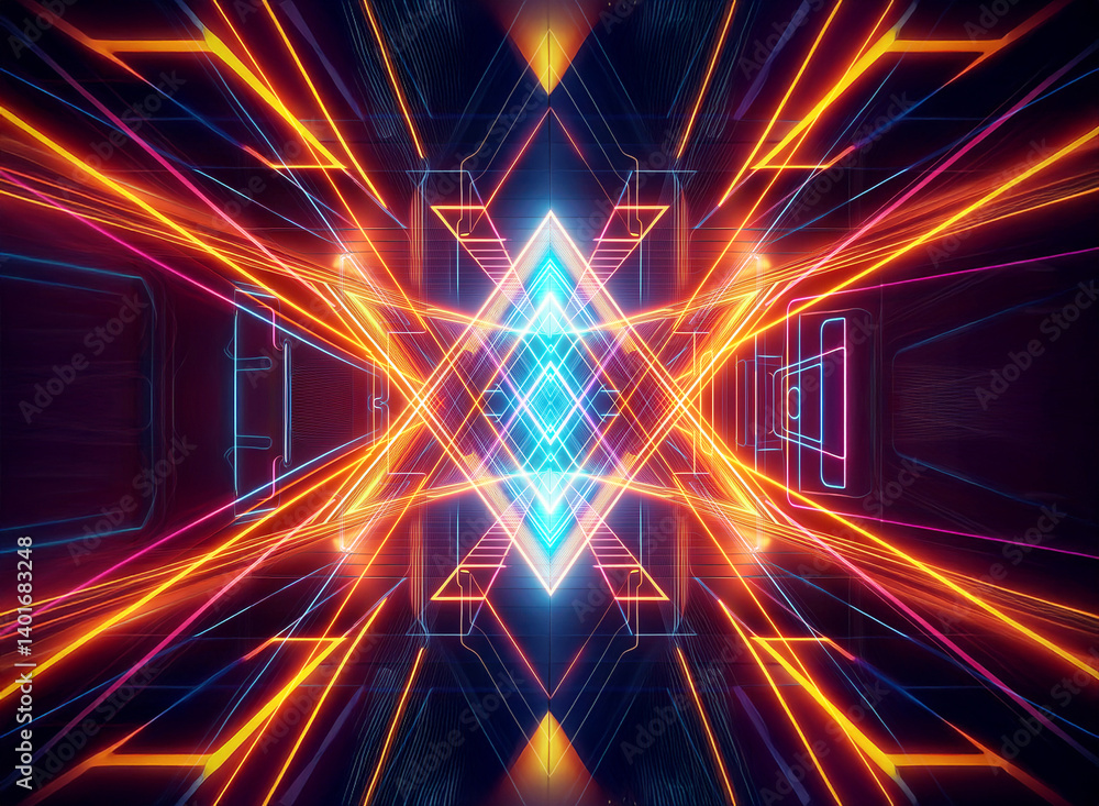 Poster an abstract geometric composition with vibrant neon lines converging toward a central diamond shape,