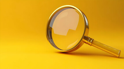 Golden Magnifying Glass on a Yellow Background for Exploration and Investigation With Clear Reflections and Detailed Lens